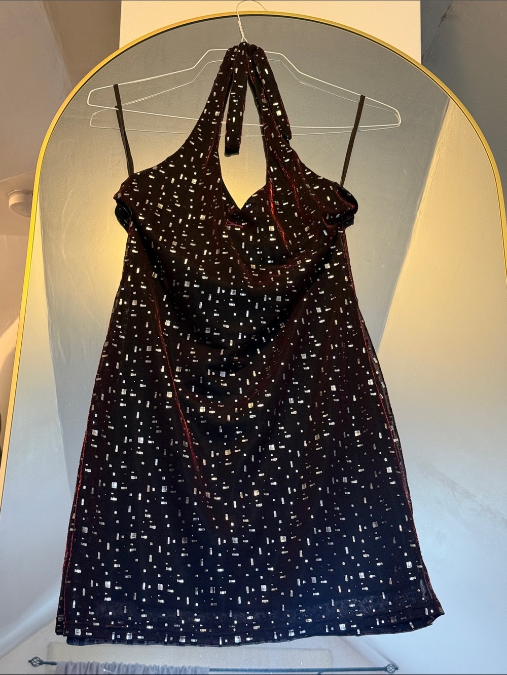 Women’s vintage Red Halter Mini Dress with White Speckle Print
